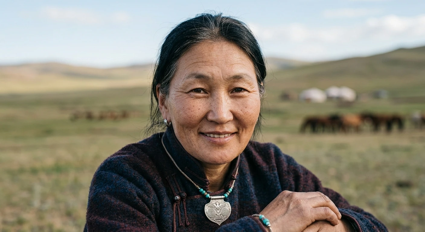 Anya Udgan, dans la steppe mongole. Au loin des yourtes et un troupeau de chevaux.