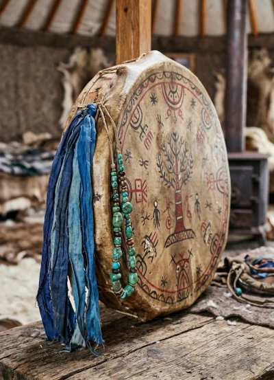 Le tambour hérité en peau, cadre en mélèze, rubans bleus et cordon de perles turquoise